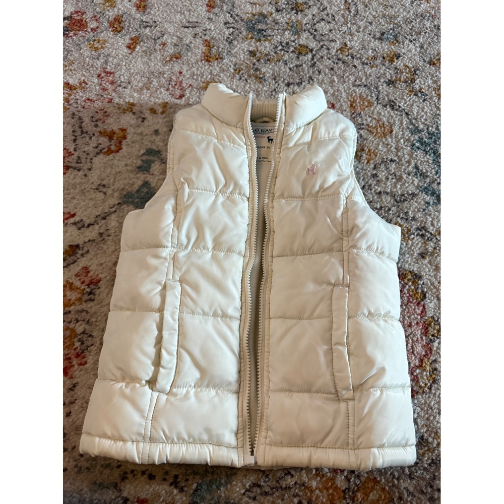 Old Navy Kids Medium Cream Puffer Vest Fleece Lined Y2K Pink Deer Logo Vintage